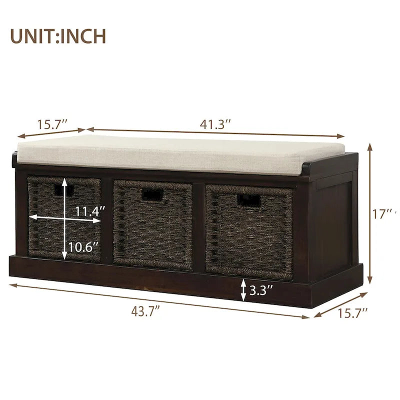 Banc de rangement rustique avec 3 paniers classiques en rotin amovibles, banc d'entrée avec coussin amovible