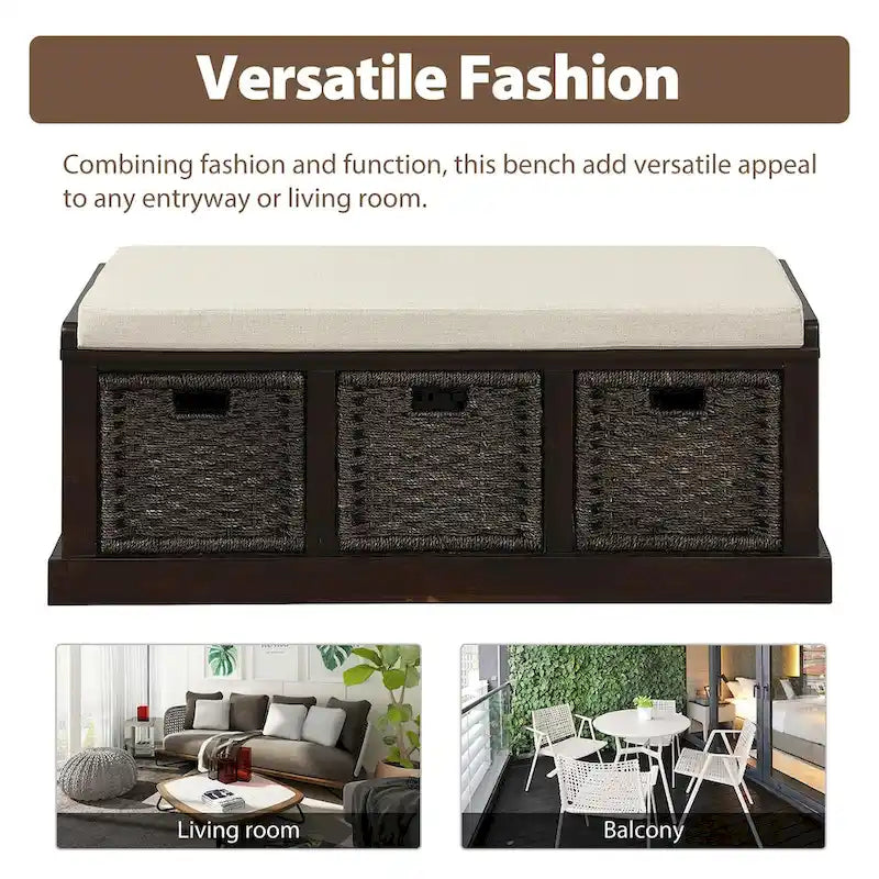 Banc de rangement rustique avec 3 paniers classiques en rotin amovibles, banc d'entrée avec coussin amovible
