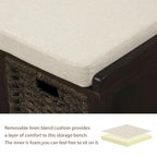 Banc de rangement rustique avec 3 paniers classiques en rotin amovibles, banc d'entrée avec coussin amovible
