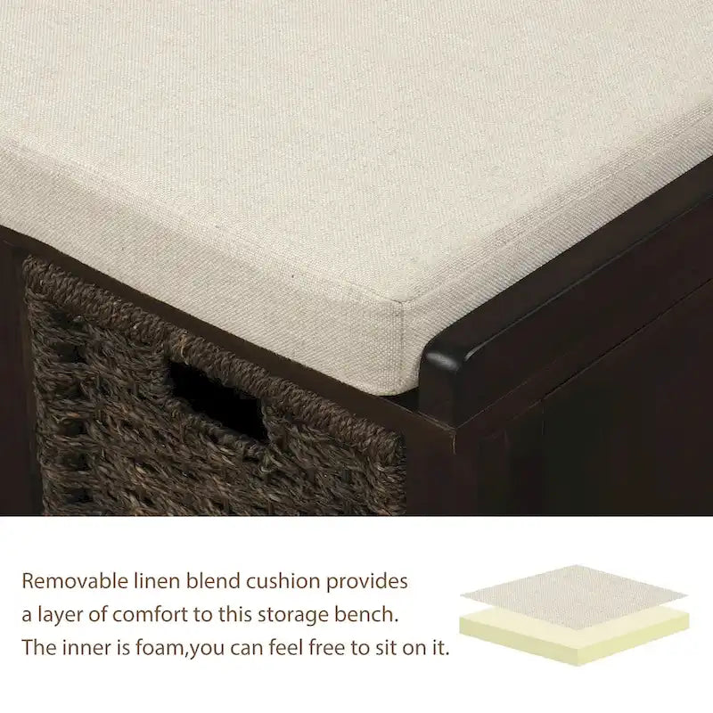 Banc de rangement rustique avec 3 paniers classiques en rotin amovibles, banc d'entrée avec coussin amovible