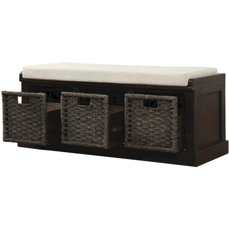 Banc de rangement rustique avec 3 paniers classiques en rotin amovibles, banc d'entrée avec coussin amovible