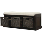 Banc de rangement rustique avec 3 paniers classiques en rotin amovibles, banc d'entrée avec coussin amovible