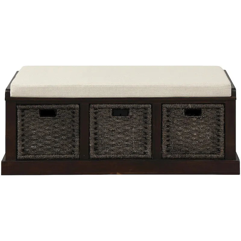 Banc de rangement rustique avec 3 paniers classiques en rotin amovibles, banc d'entrée avec coussin amovible