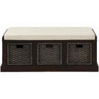 Banc de rangement rustique avec 3 paniers classiques en rotin amovibles, banc d'entrée avec coussin amovible