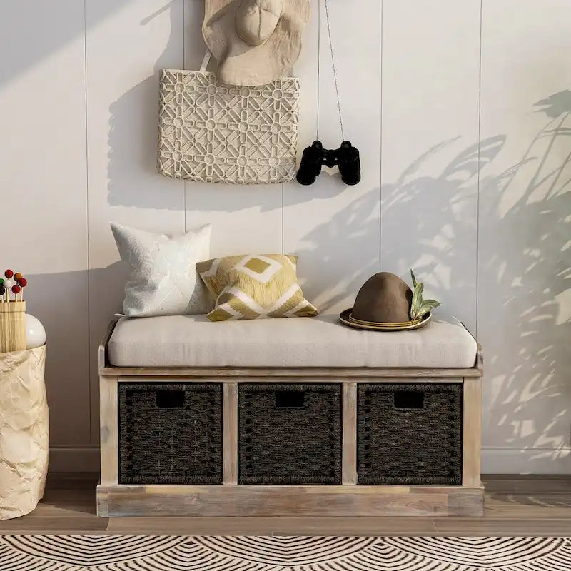 Banc de rangement rustique avec 3 paniers classiques en rotin amovibles, banc d'entrée avec coussin amovible