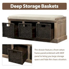 Banc de rangement rustique avec 3 paniers classiques en rotin amovibles, banc d'entrée avec coussin amovible