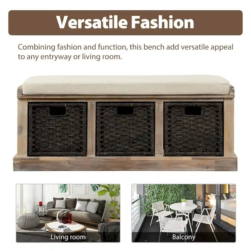 Banc de rangement rustique avec 3 paniers classiques en rotin amovibles, banc d'entrée avec coussin amovible