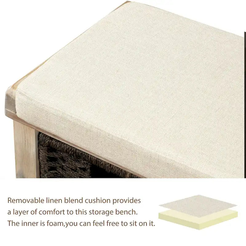 Banc de rangement rustique avec 3 paniers classiques en rotin amovibles, banc d'entrée avec coussin amovible