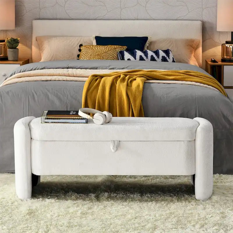 Banc de rangement ottoman ovale en tissu chenille avec grand espace de rangement