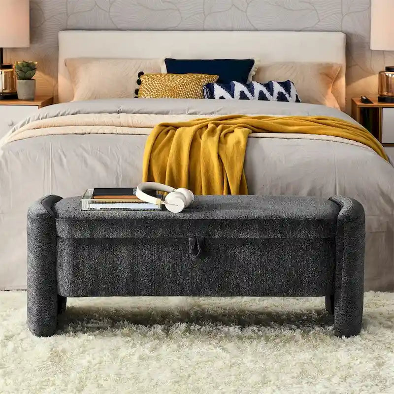 Banc de rangement ottoman ovale en tissu chenille avec grand espace de rangement