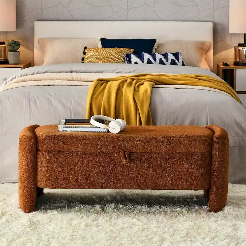 Banc de rangement ottoman ovale en tissu chenille avec grand espace de rangement