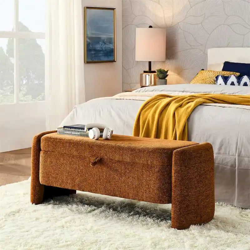 Banc de rangement ottoman ovale en tissu chenille avec grand espace de rangement