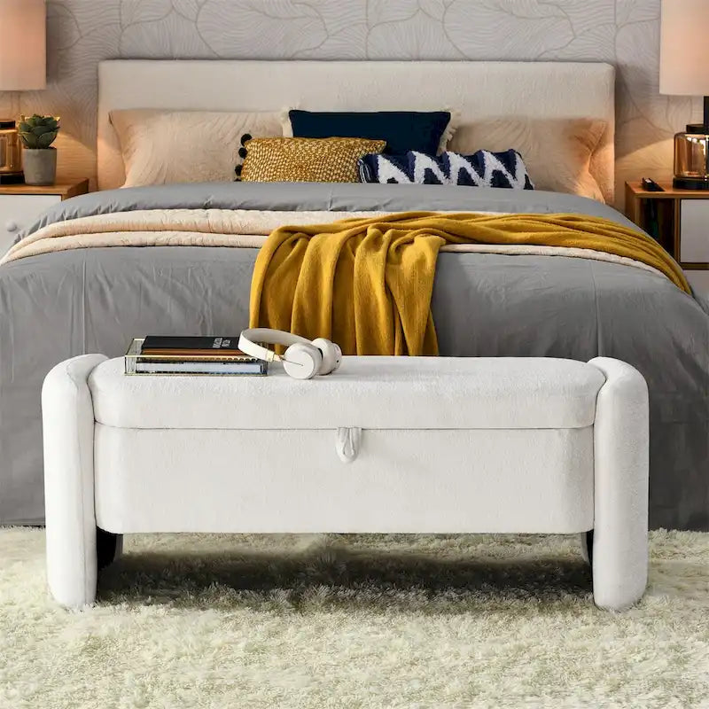 Banc de rangement ottoman ovale en tissu chenille avec grand espace de rangement
