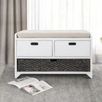 Banc en bois style ferme moderne avec 2 tiroirs et un panier de rangement tressé