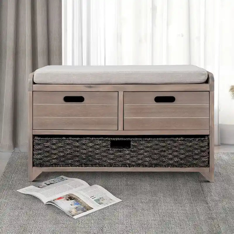 Banc en bois style ferme moderne avec 2 tiroirs et un panier de rangement tressé
