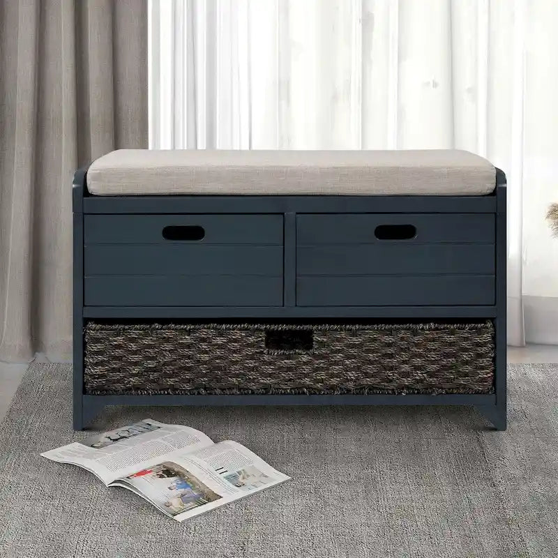Banc en bois style ferme moderne avec 2 tiroirs et un panier de rangement tressé
