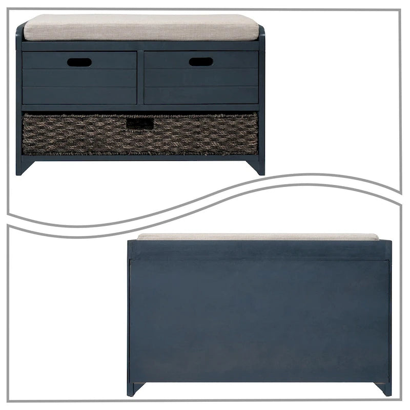 Banc en bois style ferme moderne avec 2 tiroirs et un panier de rangement tressé
