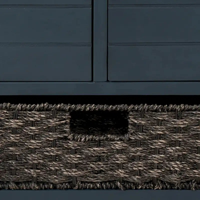 Banc en bois style ferme moderne avec 2 tiroirs et un panier de rangement tressé