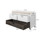Banc en bois style ferme moderne avec 2 tiroirs et un panier de rangement tressé