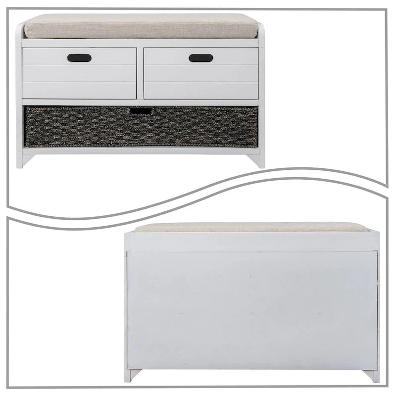 Banc en bois style ferme moderne avec 2 tiroirs et un panier de rangement tressé
