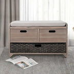 Banc en bois style ferme moderne avec 2 tiroirs et un panier de rangement tressé