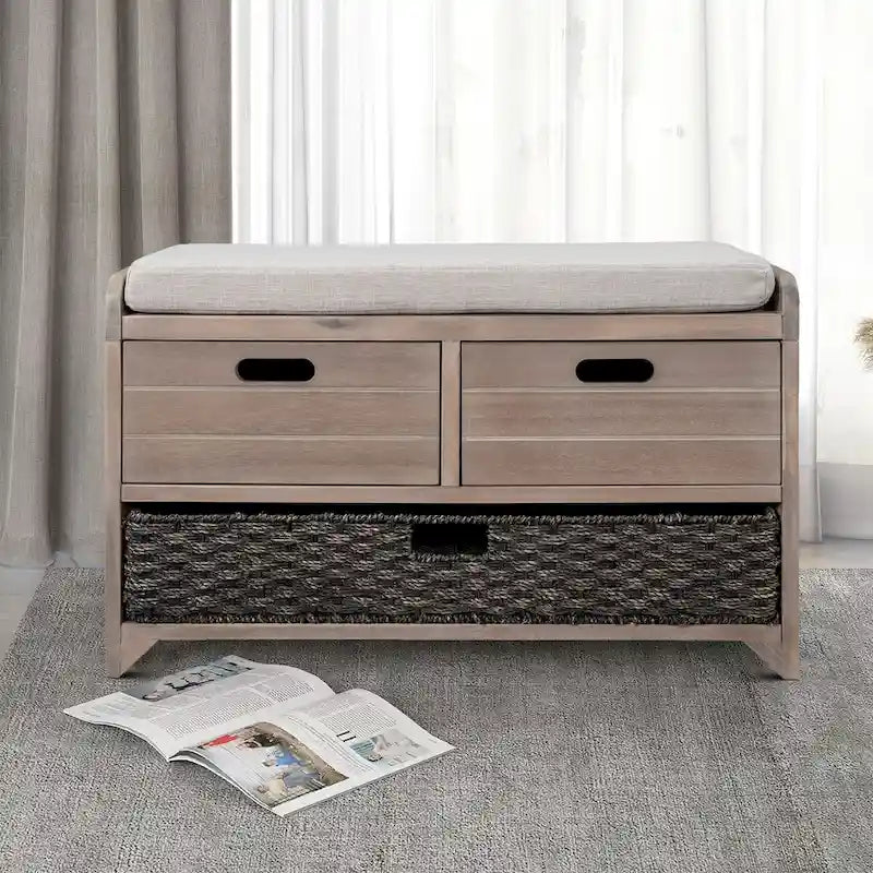 Banc en bois style ferme moderne avec 2 tiroirs et un panier de rangement tressé