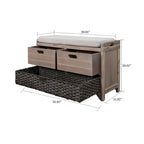 Banc en bois style ferme moderne avec 2 tiroirs et un panier de rangement tressé