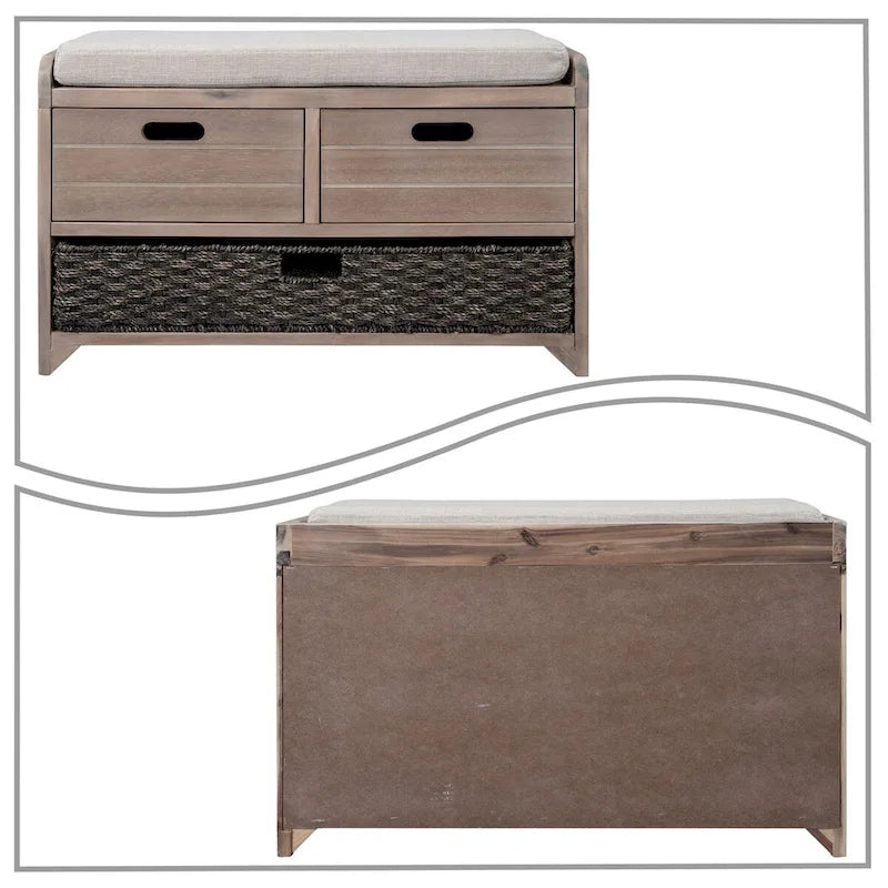 Banc en bois style ferme moderne avec 2 tiroirs et un panier de rangement tressé