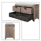 Banc en bois style ferme moderne avec 2 tiroirs et un panier de rangement tressé