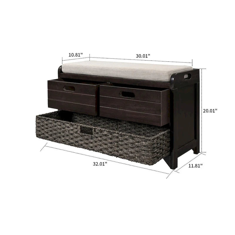 Banc en bois style ferme moderne avec 2 tiroirs et un panier de rangement tressé