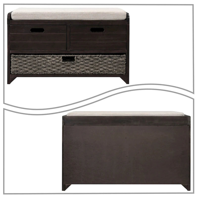 Banc en bois style ferme moderne avec 2 tiroirs et un panier de rangement tressé