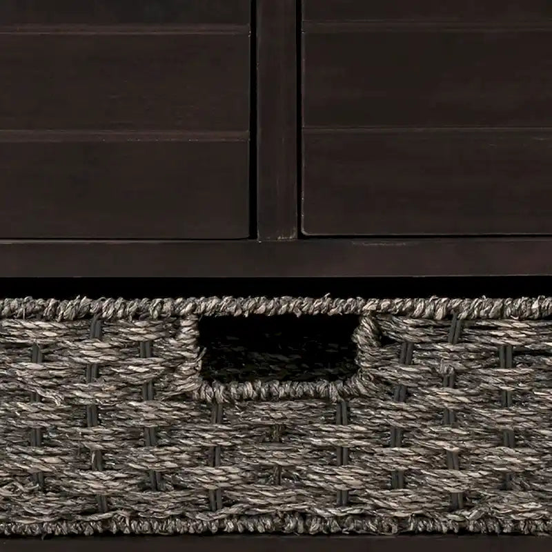 Banc en bois style ferme moderne avec 2 tiroirs et un panier de rangement tressé