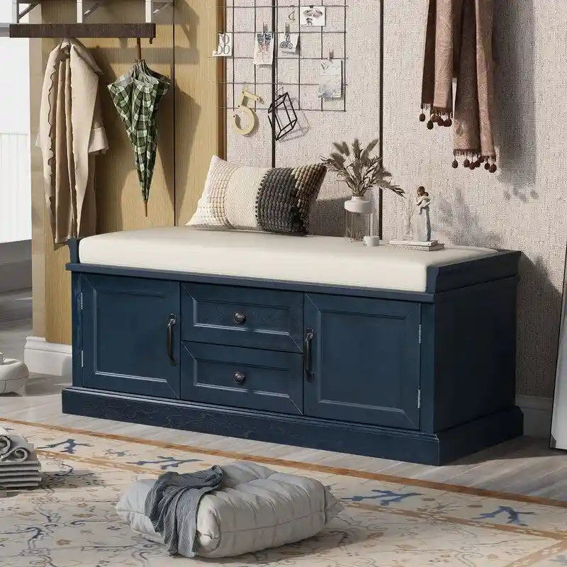 Banc à chaussures avec rangement, 2 tiroirs, 2 compartiments et coussin amovible