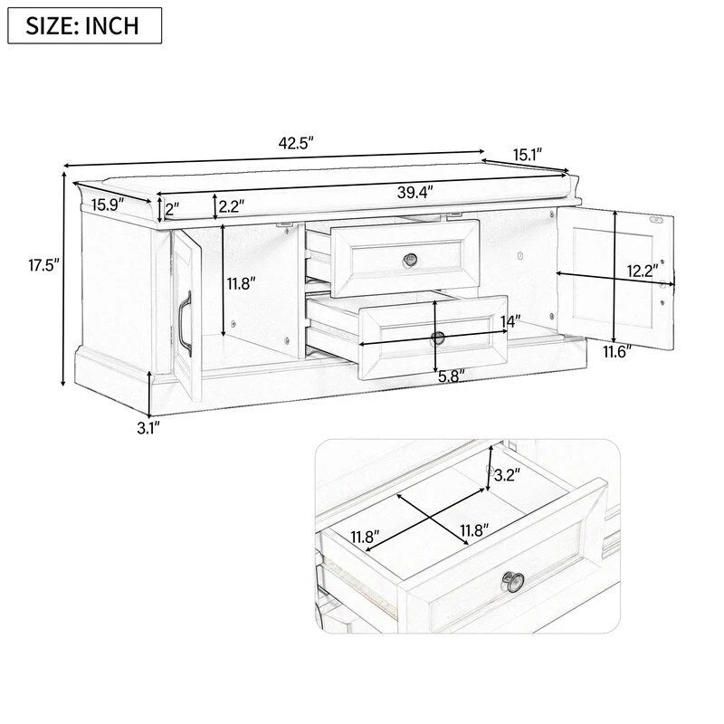 Banc à chaussures avec rangement, 2 tiroirs, 2 compartiments et coussin amovible