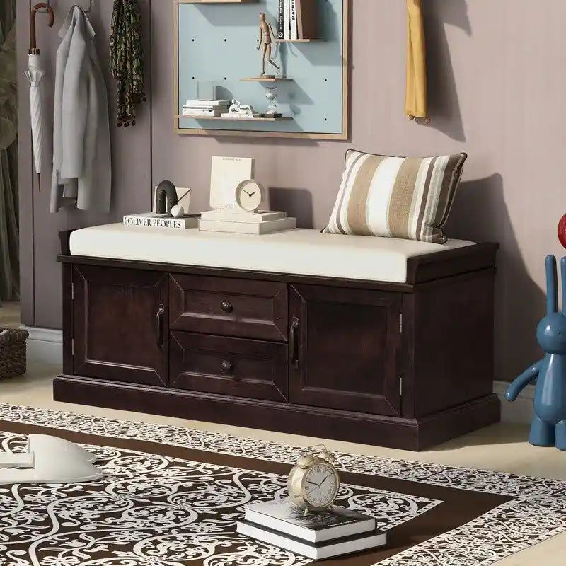 Banc à chaussures avec rangement, 2 tiroirs, 2 compartiments et coussin amovible