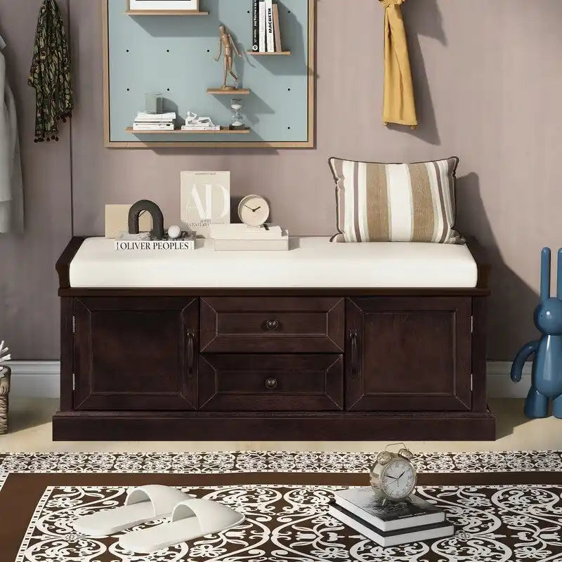 Banc à chaussures avec rangement, 2 tiroirs, 2 compartiments et coussin amovible
