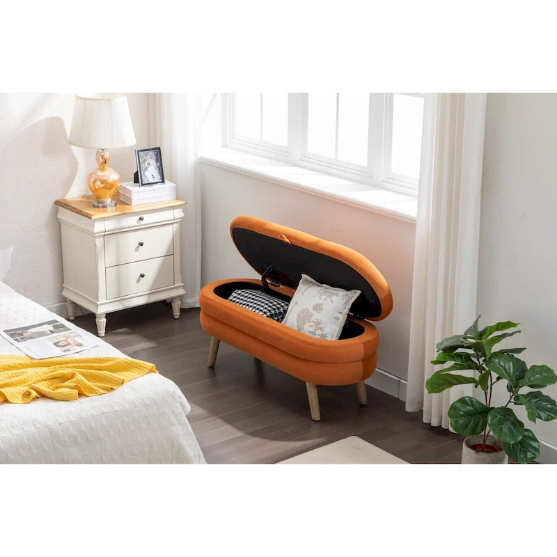 Banc de rangement en tissu de velours Banc de chambre à coucher avec pieds en bois pour salon, chambre à coucher, intérieur
