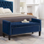 Banc de rangement capitonné avec boutons et clous décoratifs, siège rembourré doux avec accoudoirs pour entrée ou salon, banc de lit - Bleu marine