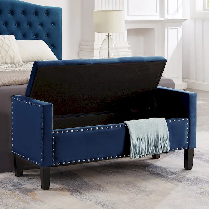 Banc de rangement capitonné avec boutons et clous décoratifs, siège rembourré doux avec accoudoirs pour entrée ou salon, banc de lit - Bleu marine
