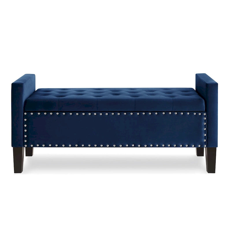 Banc de rangement capitonné avec boutons et clous décoratifs, siège rembourré doux avec accoudoirs pour entrée ou salon, banc de lit - Bleu marine