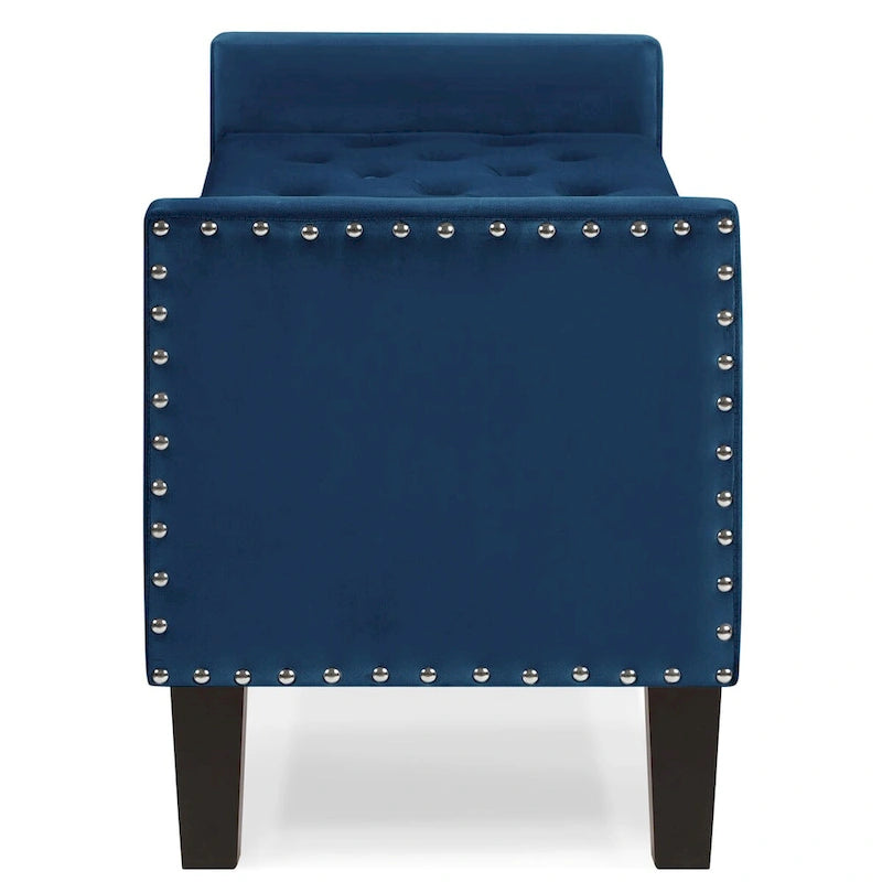 Banc de rangement capitonné avec boutons et clous décoratifs, siège rembourré doux avec accoudoirs pour entrée ou salon, banc de lit - Bleu marine