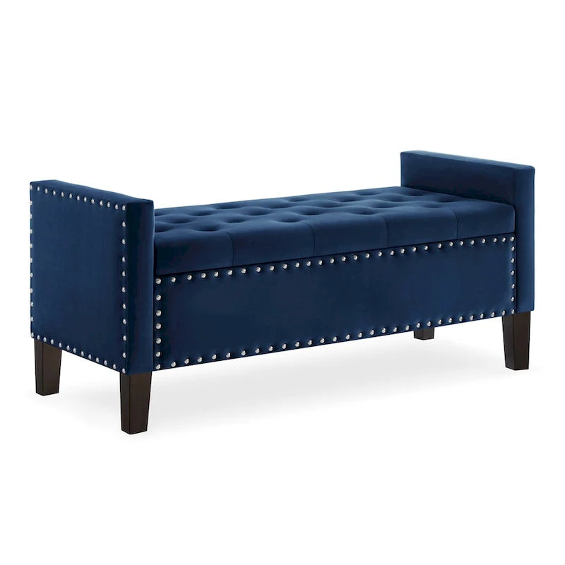 Banc de rangement capitonné avec boutons et clous décoratifs, siège rembourré doux avec accoudoirs pour entrée ou salon, banc de lit - Bleu marine