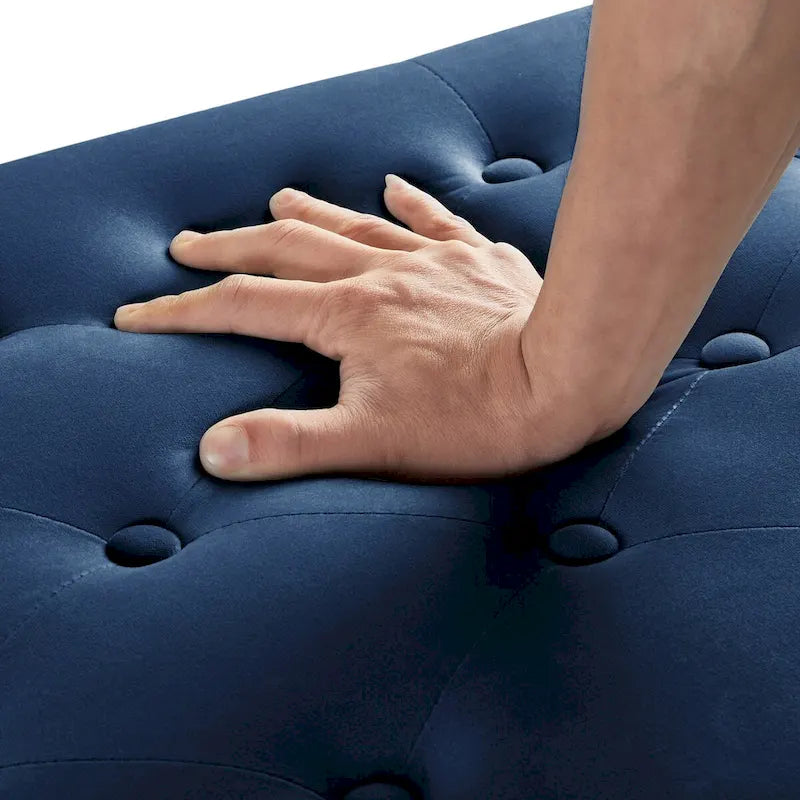 Banc de rangement capitonné avec boutons et clous décoratifs, siège rembourré doux avec accoudoirs pour entrée ou salon, banc de lit - Bleu marine