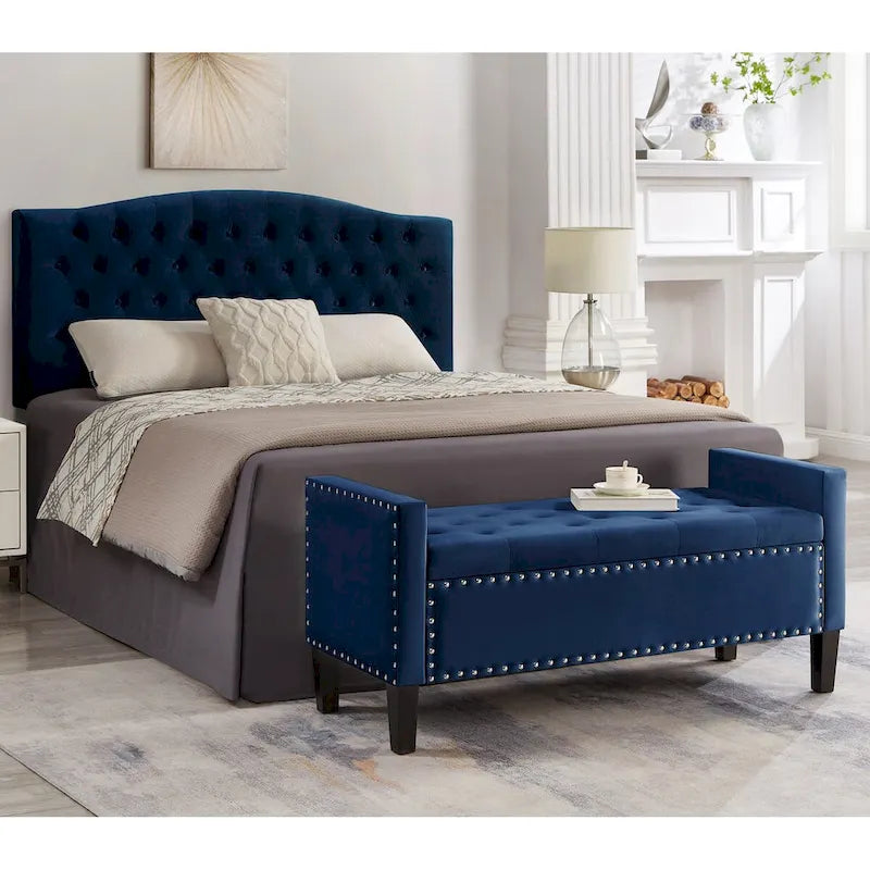 Banc de rangement capitonné avec boutons et clous décoratifs, siège rembourré doux avec accoudoirs pour entrée ou salon, banc de lit - Bleu marine