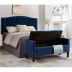 Banc de rangement capitonné avec boutons et clous décoratifs, siège rembourré doux avec accoudoirs pour entrée ou salon, banc de lit - Bleu marine