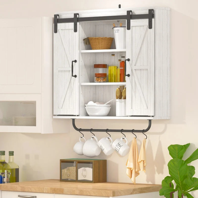 Armoire murale rustique en bois avec deux portes coulissantes, meuble de rangement décoratif à 3 niveaux style ferme vintage pour cuisine et salle à manger