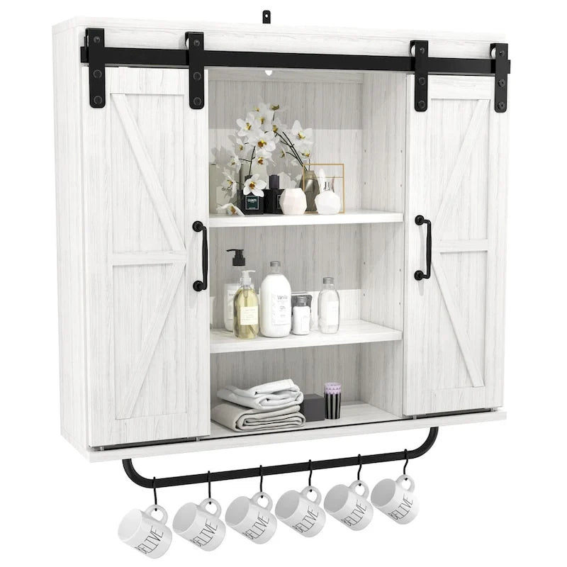 Armoire murale rustique en bois avec deux portes coulissantes, meuble de rangement décoratif à 3 niveaux style ferme vintage pour cuisine et salle à manger