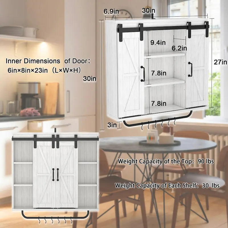 Armoire murale rustique en bois avec deux portes coulissantes, meuble de rangement décoratif à 3 niveaux style ferme vintage pour cuisine et salle à manger