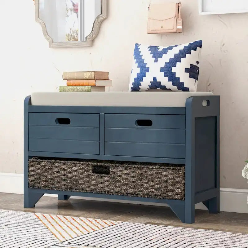 Banc de rangement avec panier amovible et 2 tiroirs, banc à chaussures entièrement assemblé avec coussin amovible (blanc délavé)