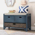 Banc de rangement avec panier amovible et 2 tiroirs, banc à chaussures entièrement assemblé avec coussin amovible (blanc délavé)